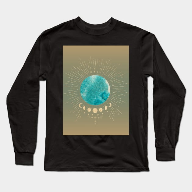 Gold and Blue Earth and Moon Cycle Graphic Long Sleeve T-Shirt by WonderfulHumans